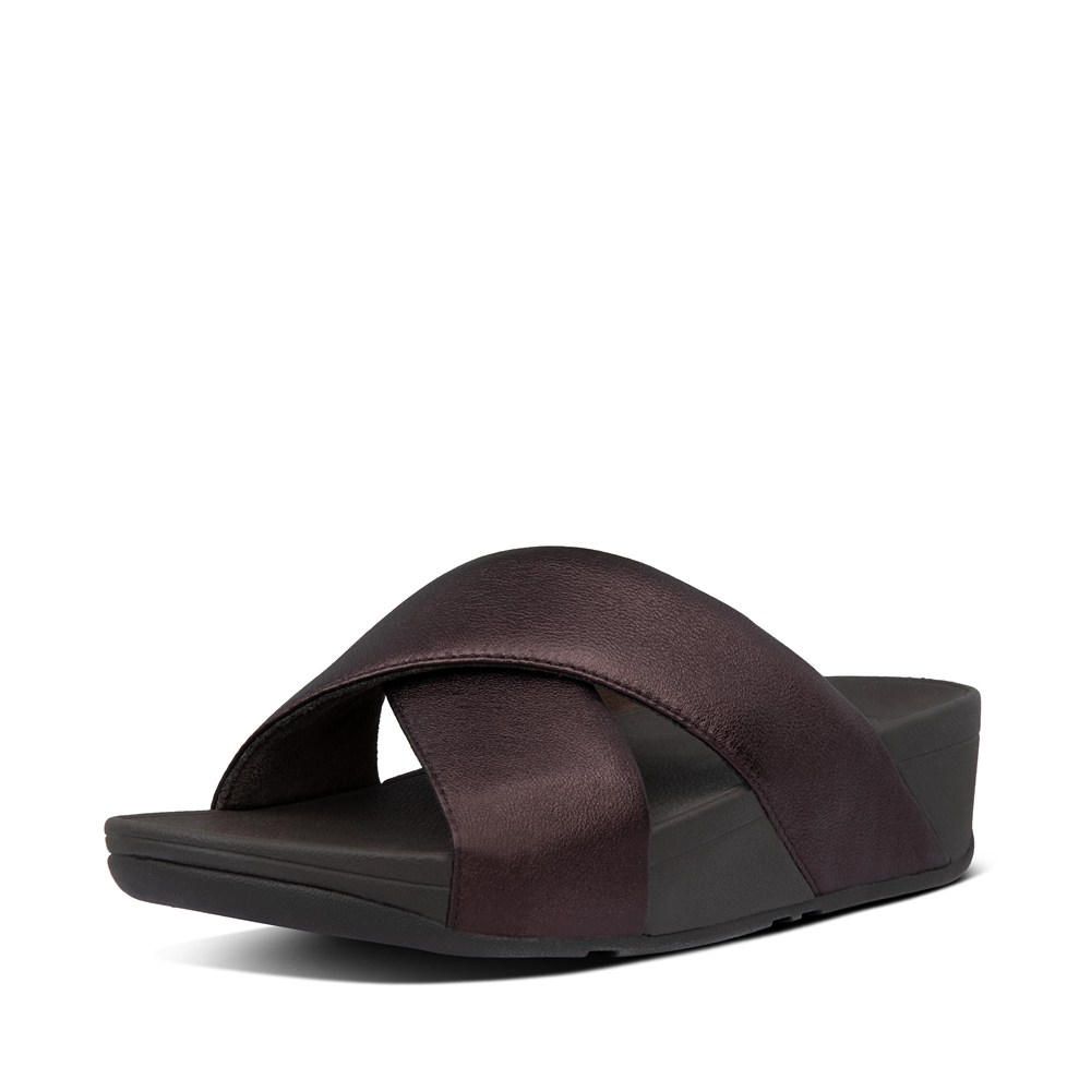 Fitflop Womens Slides Dark Brown - Lulu Metallic Leather Cross - 95TKWELGM